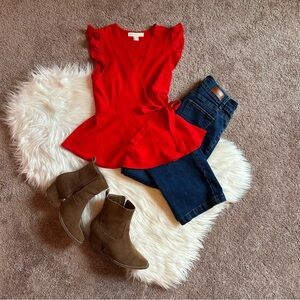 Red Ruffle Sleeve Wrap Top
